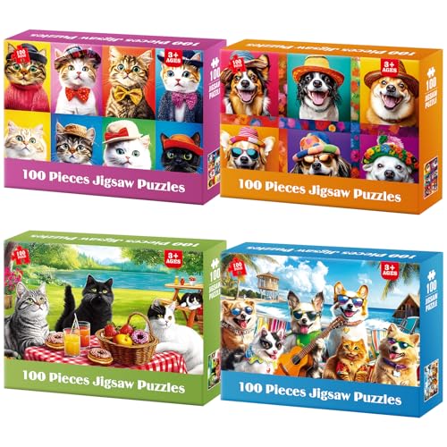 4 Packs 100 Piece Puzzles for Kids Ages 4-6 6-8 8-10, Lovely Cats Dogs Kids Puzzles Ages 5-8 100 Piece Large Jigsaw Puzzles for Adults Seniors Educational Toys Gifts for Girls Boys - color: Funny Cats and Dogs