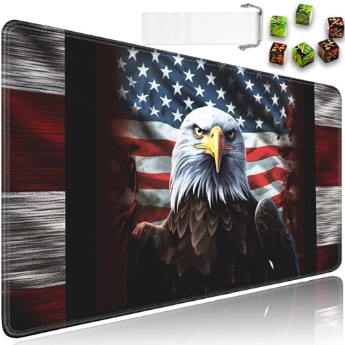 for MTG Playmat + Drawstring Travel Pouch + 6 Dice Counter, for Trading Card Game Playmats or Mouse Pad, Anti-Slip Rubber 24 x 14 in, Vintage USA Flag American Eagle Flag for TCG Playmat - color: JV-Playmat-5-1-A14