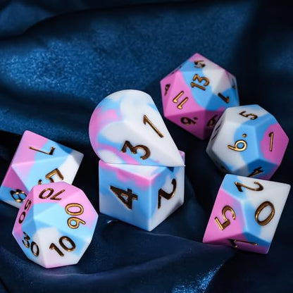 7-Piece Jumbo Silicone DND Dice Set, 25mm Oversized D&D Dice | Round Edges Soft Perfect Bouncer Compatible with Dungeons and Dragons RPG Bar Pub Club Party Games - color: Pink&white&blue