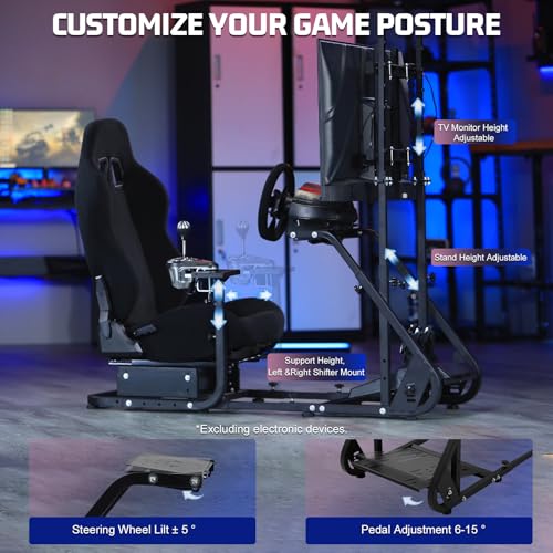 Marada Racing Cockpit with Black Seat TV Stand Fit for Logitech G923 G920 | Racing Wheel Stand Height Adjustable, with for Thrustmaster T500 T3PA TGT, for Fantec, Wheel and Pedals Not Included