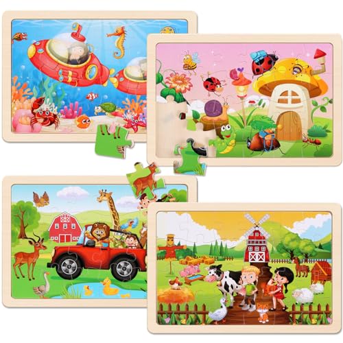 Wooden Puzzles Toys for Kids Ages 3-5, Set of 4 Packs with 20-Piece Farm, Animals Theme Wood Jigsaw Puzzles, Preschool Educational Brain Teaser Toys for Boys and Girls 3-6 Years Old. - color: Animals