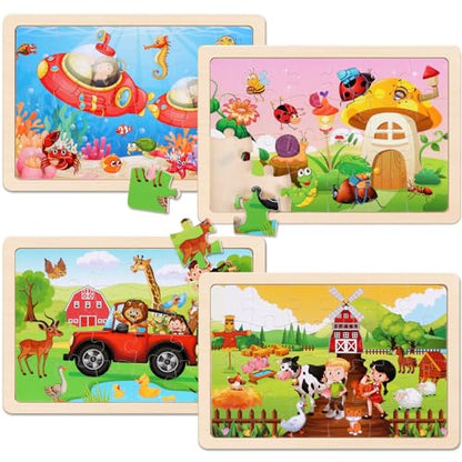 Wooden Puzzles Toys for Kids Ages 3-5, Set of 4 Packs with 20-Piece Farm, Animals Theme Wood Jigsaw Puzzles, Preschool Educational Brain Teaser Toys for Boys and Girls 3-6 Years Old. - color: Animals