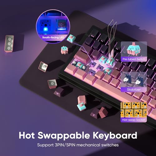 RedThunder K95 Wireless Mechanical Keyboard,TFT Screen & Knob, Trip-Modes Connection, Gasket Custom Hot-Swap Keyboard, RGB Backlit, Pre-lubed Linear Switches, Side Printed PBT Keycaps, Gradient Pink - color: Gradient Pink Black