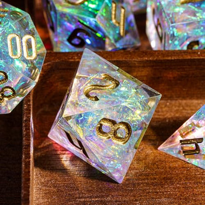 Cusdie Sharp Edges DND Dice, 7 PCs D&D Dice, Handcrafted Polyhedral Dice Set, for Dungeons and Dragon Role Playing Game(Transparent w/White Sparkle) - color: Transparent W/White Sparkle