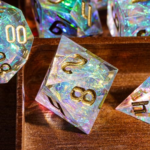 Cusdie Sharp Edges DND Dice, 7 PCs D&D Dice, Handcrafted Polyhedral Dice Set, for Dungeons and Dragon Role Playing Game(Transparent w/White Sparkle) - color: Transparent W/White Sparkle