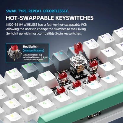 Machenike K500A-B61W 60% Mechanical Wireless Gaming Keyboard, 61 Keys Ultra-Compact Hot Swappable Linear Red Switch, Dynamic RGB Backlit, Anti-Ghosting, Double-Shot PBT Keycaps, Win/Mac, White - color: White, size: Red Switch