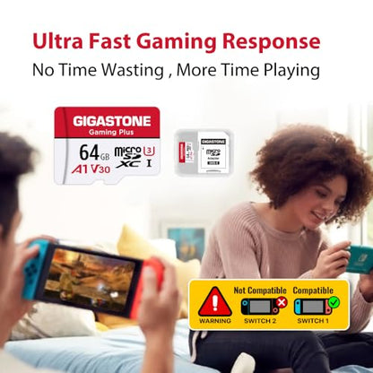 【For Switch 1 Only】 GIGASTONE 64GB Micro SD Card, Gaming Plus, Nintendo-Switch Compatible, High Speed 90MB/s, 4K UHD Video Recording, Micro SDXC UHS-I A1 V30 U1 Class 10 - size: 64GB 1-Pack, style: Gaming Plus