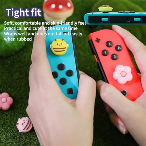 Switch Joycon Thumb Grips Caps, 4 PCS Cute Kawaii 3D Silicone Analog Thumbstick Button Cover Compatible with Nintendo Switch Lite/OLED Joystick Caps (Multicolor Bee&Flower) - color: Multicolor Bee&Flower