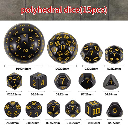 CiaraQ DND Polyhedral Dice Set (15pcs) D4-D100 Game Dice with Dice Bag | Acrylic Role Playing Dice for Dungeons and Dragons MTG Table Games (Black & Yellow) - color: Black & Yellow