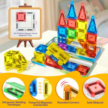 Mini Magnetic Tiles Travel Set with Car, Magnetic Toys for Toddlers | Magnetic Blocks for Kids Ages 3+, Portable Travel Kids Toys with Metal Storage Box, Christmas Birthdays Gifts for Boys Girls