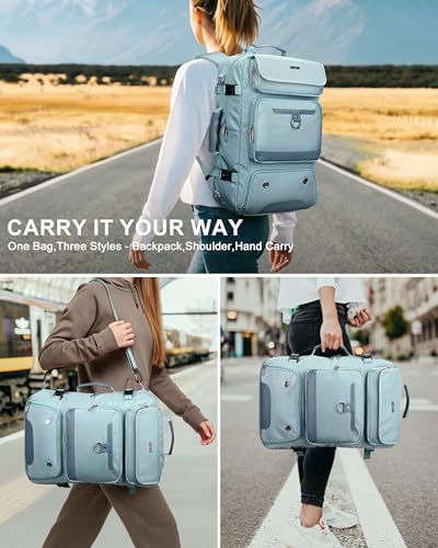 PIJUSHI Carry on Travel Backpack for Women with Shoe Compartment Fits 16“ | 3-In-1 Convertible Duffel/Shoulder Bag with USB Port, Anti-Theft Pocket for Daily, Weekend Trip, PE039 Blue - color: Blue