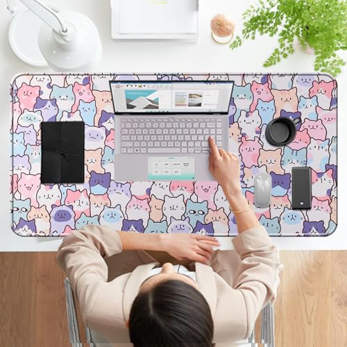 Cute Kawaii Cat Mouse Pad, Gaming Office Home Mousepad, Computer Keyboard and Laptop Desk Mat for Women, Large Extended Non-Slip Rubber Base with Stitched Edges, 31.5x15.7x0.12 in, Pink - color: Cat