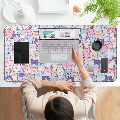 Cute Kawaii Cat Mouse Pad, Gaming Office Home Mousepad, Computer Keyboard and Laptop Desk Mat for Women, Large Extended Non-Slip Rubber Base with Stitched Edges, 31.5x15.7x0.12 in, Pink - color: Cat