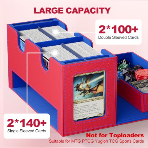 UAONO 3-in-1 MTG Commander Deck Box, Red Blue | 2 Magnetic Card Holders & 1 Dice Tray, Fits 200 Double Sleeved, Card Organizer Compatible with Magic the Gathering - color: Red&Blue