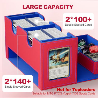 UAONO 3-in-1 MTG Commander Deck Box, Red Blue | 2 Magnetic Card Holders & 1 Dice Tray, Fits 200 Double Sleeved, Card Organizer Compatible with Magic the Gathering - color: Red&Blue