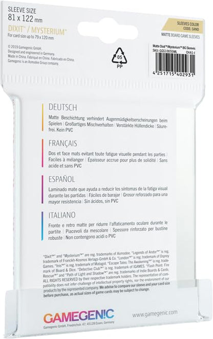 Matte Board Game Sleeves | Pack of 90 Matte Sleeves | 81 by 122 mm Card Sleeves Optimized for Use with Dixit and Mysterium | Premium Card Protection | FFG Sand Color Code | Made by Gamegenic