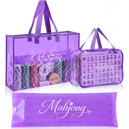 3 Pcs Clear Mahjong Bag Set, Waterproof PVC Tote Bags with Zipper Closure Large Medium Carry Bag with Storage Pouch Transparent Organizer for Mahjong Tiles, Travel,Game(Purple) - color: Purple