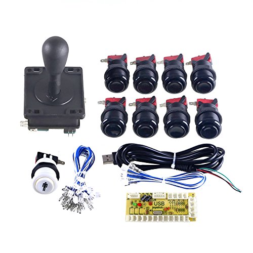LICHO Happ Arcade Button and Joystick Kit DIY Game Replacement Parts for Mame Cabinet with 2x Zero Delay USB Encoder / 2x 8 Way Arcade Joystick / 18x Happ Push Button - Black + Red Color Kit