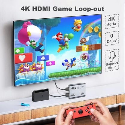 USB 3.0 4K Video Capture Card for PS5/Switch/Xbox/PC | 1080P60Hz/2K30Hz/4K18Hz Capture, 4K60Hz HDMI Loop-Out, High-Speed Interface, OBS Compatible, Near-Zero Latency, Plug & Play