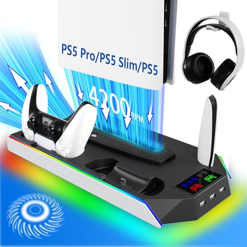 PS5 Stand and Cooling Station with RGB Controller Charging Station for PlayStation 5 Console, PS5/Slim/Pro Controller Charger, PS5 Cooling Stand, PS5/Slim/Pro Accessories Kit with 3 Level Cooler Fan - color: RGB-Black