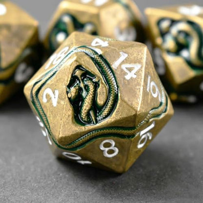 Weighted Metal DND Dice Set for Dungeons and Dragons and Pathfinder, Serpent Polyhedral RPG Dice with Engraved Numbers & Protective Gift Storage Case - color: Ancient Brass