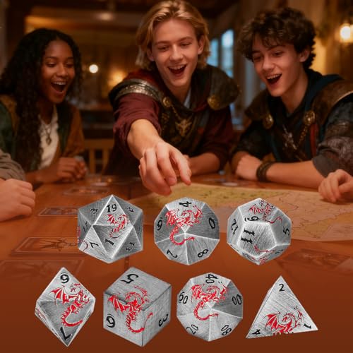 Metal Dice Set, Flat Face Design Dragon Pattern, 7pcs Polyhedral Metal DND Dice Set, DND Starter Set, D&D Gifts with Gift Box, Role Playing Board Games Accessories, Silver - color: Silver