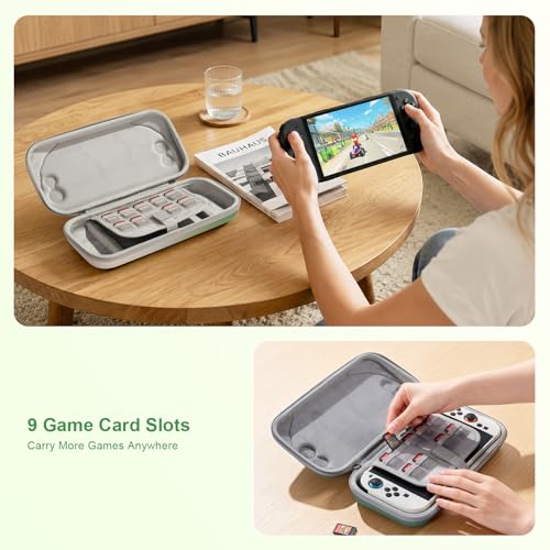 UYIYE Protective Carrying Case Compatible with Nintendo Switch 2 2025, Hard EVA Travel Case with Soft Lining, Anti-Shake Strap, Joystick Protection & 9 Game Card Slots for Switch 2 Console 7.9''-Sage - color: Sage gradient
