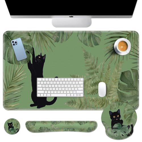 Britimes Sage Olive Green Leaves Keyboard Mouse Pad Set Funny Cute Cat 4in1 Large Mousepad+Keyboard Wrist Rest+Mouse Wrist Rest+Coaster Ergonomic Design for Home Office Computer 35.4x15.7 inches - color: Green Cloud
