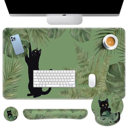 Britimes Sage Olive Green Leaves Keyboard Mouse Pad Set Funny Cute Cat 4in1 Large Mousepad+Keyboard Wrist Rest+Mouse Wrist Rest+Coaster Ergonomic Design for Home Office Computer 35.4x15.7 inches - color: Green Cloud