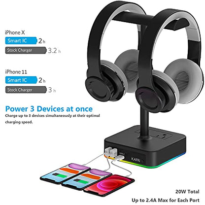 KAFRI RGB Dual Headphone Stand with USB C Charger Desk Gaming Double Headset Holder Hanger Rack with 3 USB Charging Port and 2 Outlet - Suitable for Gamer Desktop Table Game Earphone Accessories Gift - color: B-DUAL STAND