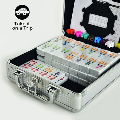 Doublefan Mexican Train Dominoes with Color Numbers,Double 12 Numerical Domino Game, Chicken Foot Dominoes Set with Aluminum Case, 91 Tiles Dominoï¼ˆ2-10 Player | For 2-8 players, 91 Number recessed mark tiles, Deluxe aluminum case, Chicken Foot play,boar