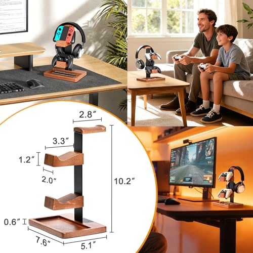 Solid Wood Controller Holder and Headphone Stand, Controller Stand for Desk | Dual Gaming Controller Organizer Rack, Fits Xbox, PS4, PS5, Gamepad, Headset Holder for Son, Husband, Boyfriend