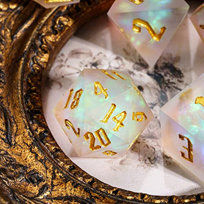 Cusdie 7 Pcs Frosted Dice Sharp Edges DND Dice, Handcrafted Polyhedral Dice Set, for Role Playing Game Pathfinder(Transparent) - color: Frosted-white