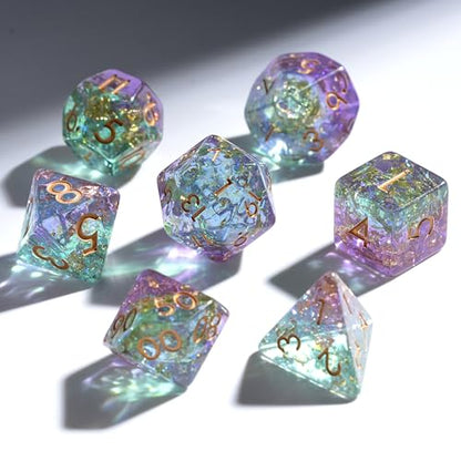Prismatic Realm Resin Dice Set for DND – 7pc Polyhedral Set with Glitter & Foil – Stunning and Cool RPG Dice for Dungeons & Dragons, and Other TTRPGs – Unique Natural Distribution - color: Prismatic Realm