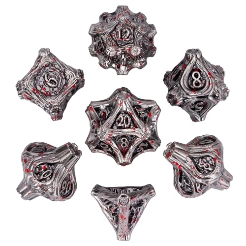 Metal DND Dice 7PCS Metal Dice Set Bloodstained for Tabletop Games | Leather Storage Bag, DM Gift, for Dungeons and Dragons Role Playing Games - color: Metal Tree-blood