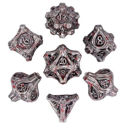 Metal DND Dice 7PCS Metal Dice Set Bloodstained for Tabletop Games | Leather Storage Bag, DM Gift, for Dungeons and Dragons Role Playing Games - color: Metal Tree-blood