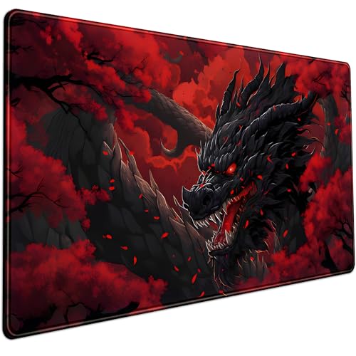 Huge Dragon Large Mouse Pad - Red and Black Mousepad, Big Full Keyboard and Mouse Pad with Stitched Edges, Anti-Slip, Funny Desk Pad, 31.5 X 15.8 in. - color: Red Black Dragon