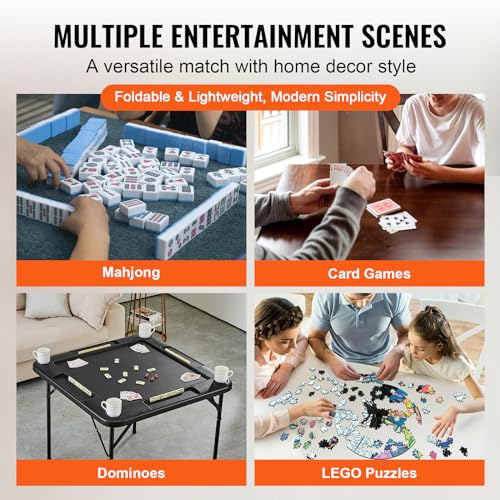 VEVOR Folding Card Table, 4 Player Portable with 4 Cup Holders & Chip Trays, Mahjong Domino Game Set, 35.4 x 35.4-inch, Black - color: Black