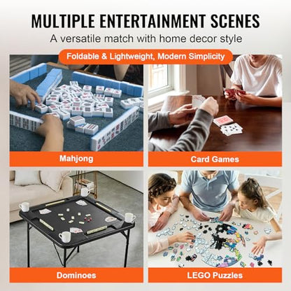 VEVOR Folding Card Table, 4 Player Portable with 4 Cup Holders & Chip Trays, Mahjong Domino Game Set, 35.4 x 35.4-inch, Black - color: Black