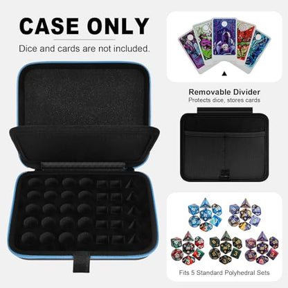 Hard DND Dice Case for 5 Polyhedral Dice Sets, Case Only | Hard shell dice case, holds 5 polyhedral sets, with removable divider and dual mesh pockets for DND/RPG game nights - color: Blue