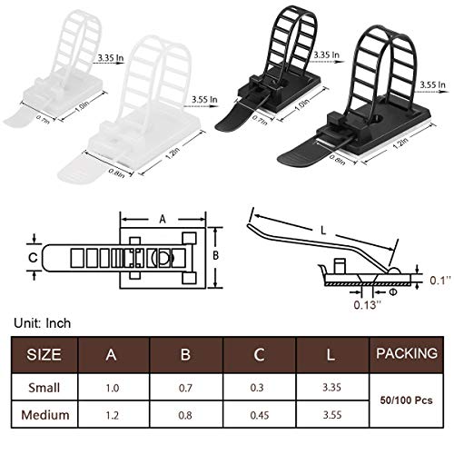 100Pcs Adhesive Cable Management Clips with 50Pcs Zip Ties, Adjustable Nylon Cable Strap Ties Wire Clips Clamps Organizer, Extra Screw & Hole - 3.35 Inch Black - color: Black, size: M-100pcs