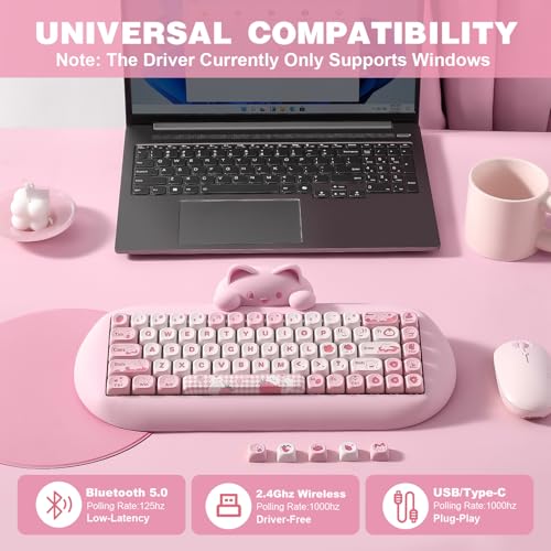 YUNZII C68 Silicone Cute Cat Mechanical Keyboard (Pink, Cocoa Cream Switch) | Wireless Triple Mode BT5.0/2.4G/Wired, RGB Backlit NKRO, Cute Cat Silicone Ergonomic Design for Win/Mac - color: Pink, size: Cocoa Cream V2 Switch