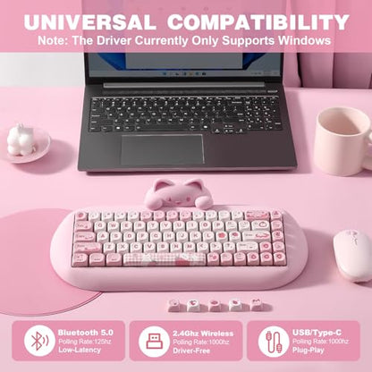 YUNZII C68 Silicone Cute Cat Mechanical Keyboard (Pink, Cocoa Cream Switch) | Wireless Triple Mode BT5.0/2.4G/Wired, RGB Backlit NKRO, Cute Cat Silicone Ergonomic Design for Win/Mac - color: Pink, size: Cocoa Cream V2 Switch