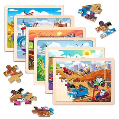 Wooden Puzzles for Toddlers 3-5,6 in 1 Jigsaw Wooden Solar System Puzzles for Ages 4-6,Preschool Educational Brain Toys Gifts for Boys and Girls 2 4 3 5 Year Old（Vehicle） - style: Vehicle