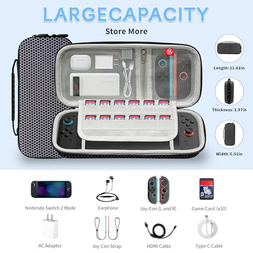 Travel Carrying Case for Nintendo Switch 2, Large Capacity Premium EVA Case | 11.61-Inch Portable Bag, Hard Cover, 24 Game Card Slots and Accessory Storage, Black - style: Travel Carrying Case With 2 Screen Protector