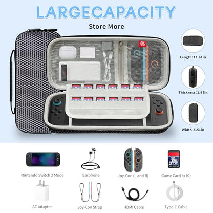 Travel Carrying Case for Nintendo Switch 2, Large Capacity Premium EVA Case | 11.61-Inch Portable Bag, Hard Cover, 24 Game Card Slots and Accessory Storage, Black - style: Travel Carrying Case With 2 Screen Protector
