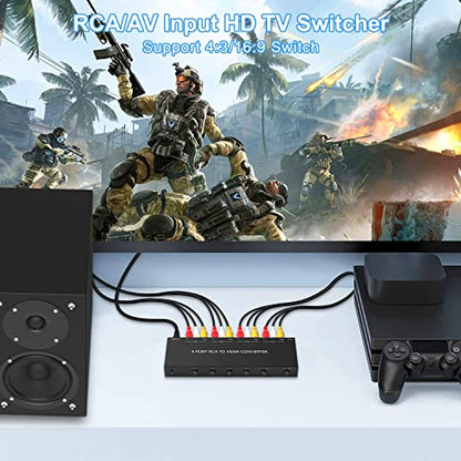 4Port AV to HDMI Converter, 4Port AV to HDMI Switcher with IR Remote, Support 16:9/4:3 and Quick Switch Compatible with WII/N64/SNES/Xbox/PS1/PS2/PS3/VHS/VCR/DVD Players etc.(4AV In-1HDMI Out) - style: 4Port AV to HDMI Converter