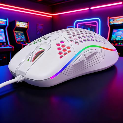 DC G40U Wired Gaming Mouse, RGB Honeycomb Ergonomic Design, 4 DPI Levels (1200/2400/4800/7200), Optical Sensor, Plug and Play, Compatible with PC, Mac, Tablet (White) - color: White
