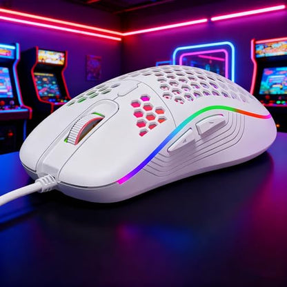 DC G40U Wired Gaming Mouse, RGB Honeycomb Ergonomic Design, 4 DPI Levels (1200/2400/4800/7200), Optical Sensor, Plug and Play, Compatible with PC, Mac, Tablet (White) - color: White