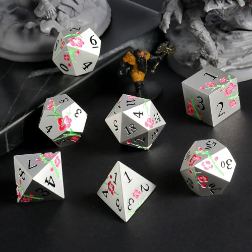 Metal DND Dice, DNDND 7 PCS Glow in The Dark Metallic D&D Dice Set with Gorgeous Gift Case for Dungeons and Dragon Tabletop Game (Glow in The Dark Pink) - color: Flower Glow Pink